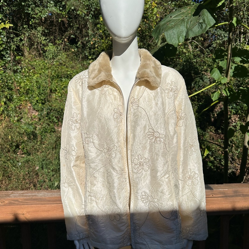 Coldwater Creek Cream Floral Teddy Jacket